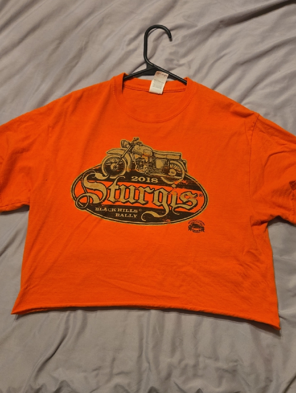 Gildan Orange Graphic Crop Top with Motorcycle Rally Print
